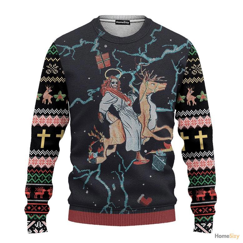 Jesus Riding Reindeer Black Ugly Christmas Sweater