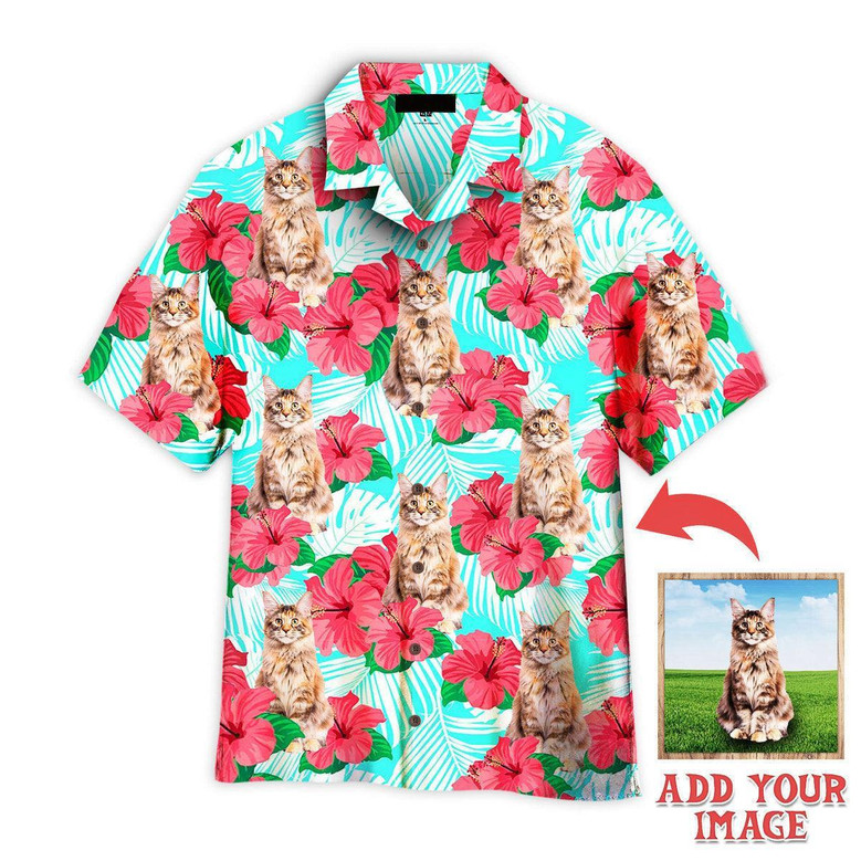Maine Coon Hawaiian Shirt Custom Photo, Hibicus Floral Maine Coon Cat Floral Personalized Hawaiian Shirt - Perfect Gift For Cat Lovers, Family, Friends