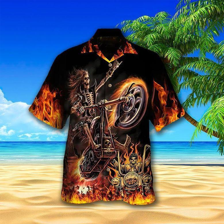 Motorcycle Aloha Hawaiian Shirts For Summer, Skeleton Rock Star Riding Skull Racing Hawaiian Set For Men Women, Gift For Friend, Motorcycle Lovers