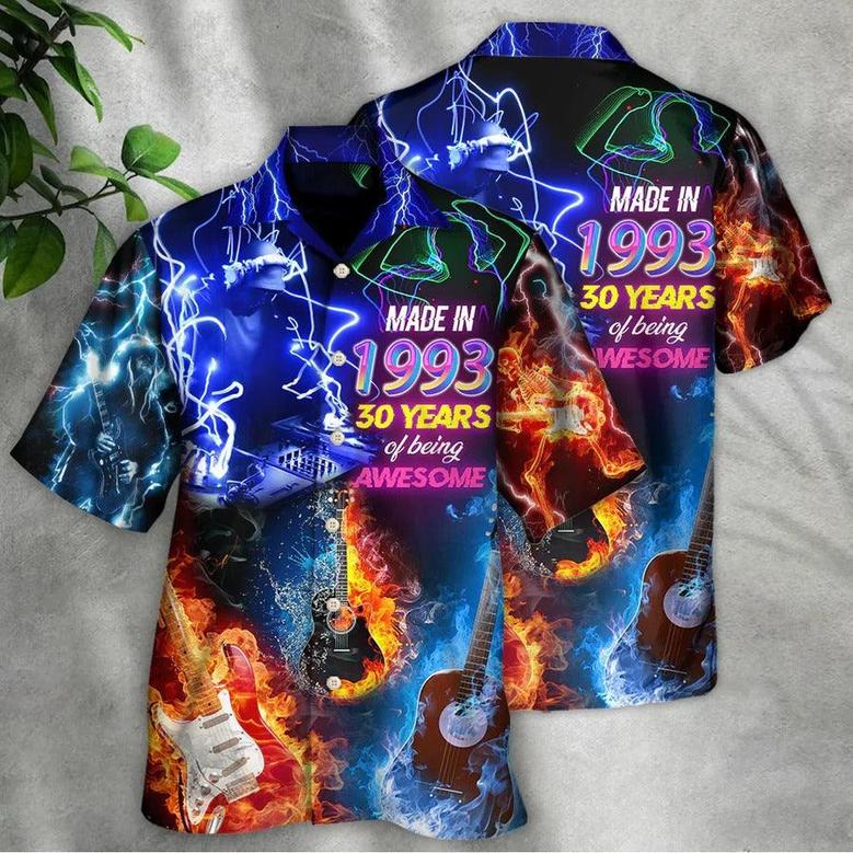 Music Hawaiian Shirt, Music Guitar Flame Hawaiian Shirt, Music Is My Life Made In 1993 Neon Style Aloha Shirt For Men - Perfect Gift For Music Lovers
