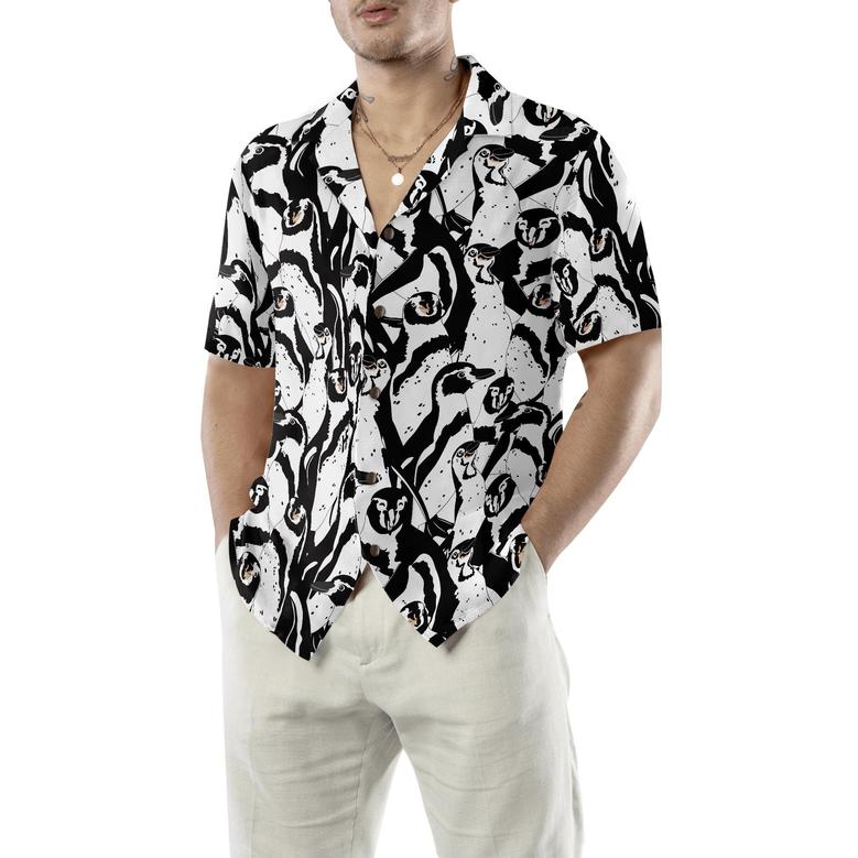Penguin Hawaiian Shirt, Black And White Penguin Hawaiian Shirt, Black White Summer Aloha Shirts For Men Women, Gift For Husband, Wife, Boyfriend, Friend