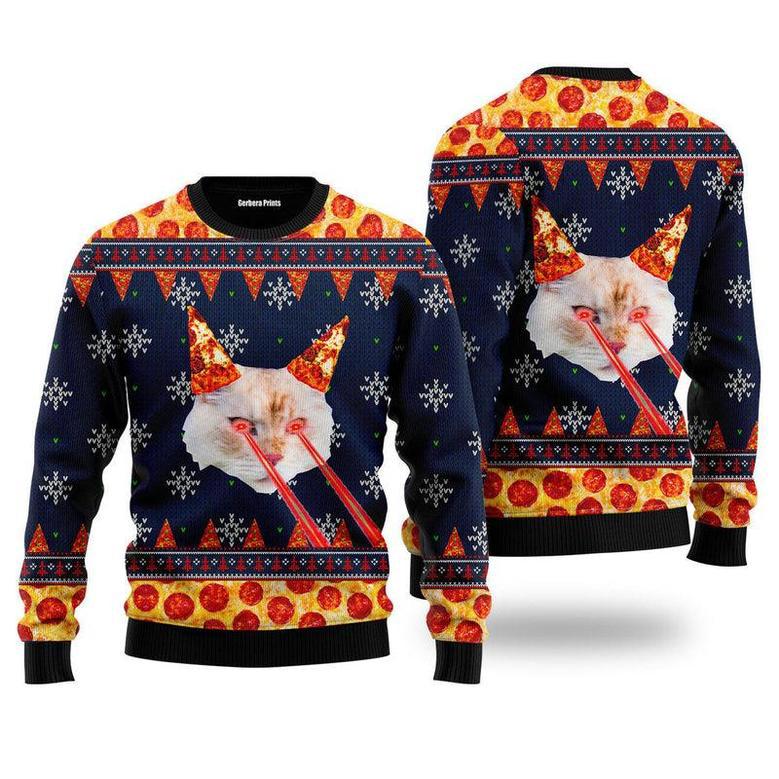 Pizza Cat With Laser Eyes Ugly Christmas Sweater For Men & Women