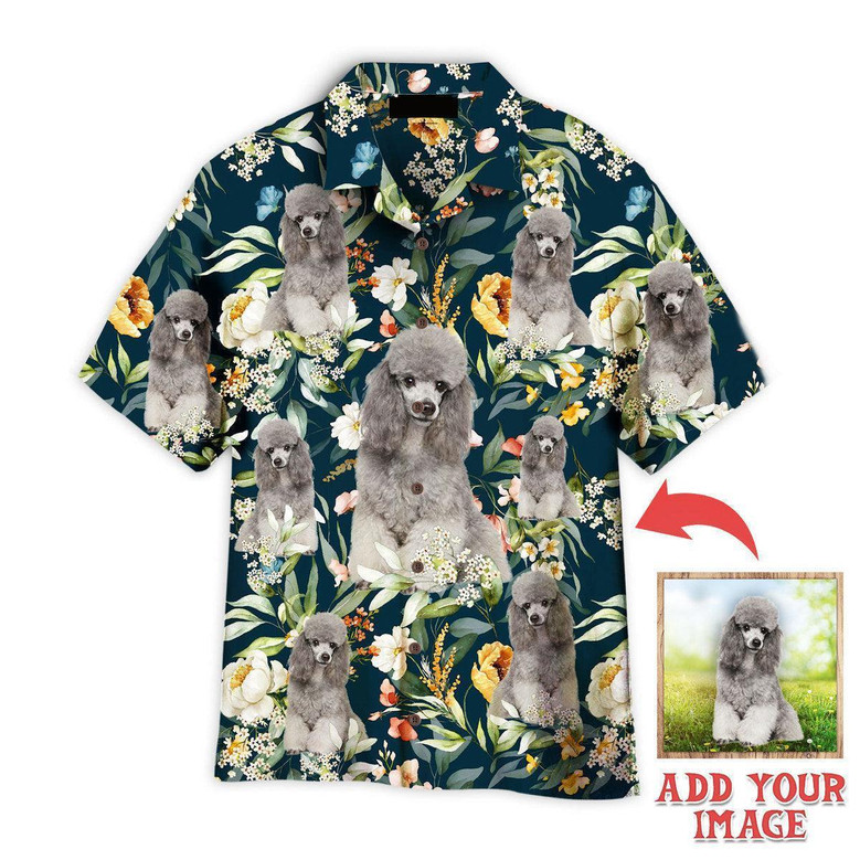 Portrait Of Gray Poodle On Floral Flowers Custom Hawaiian Shirt, Personalized Hawaiian Shirts, Custom Photo Hawaiian Shirt