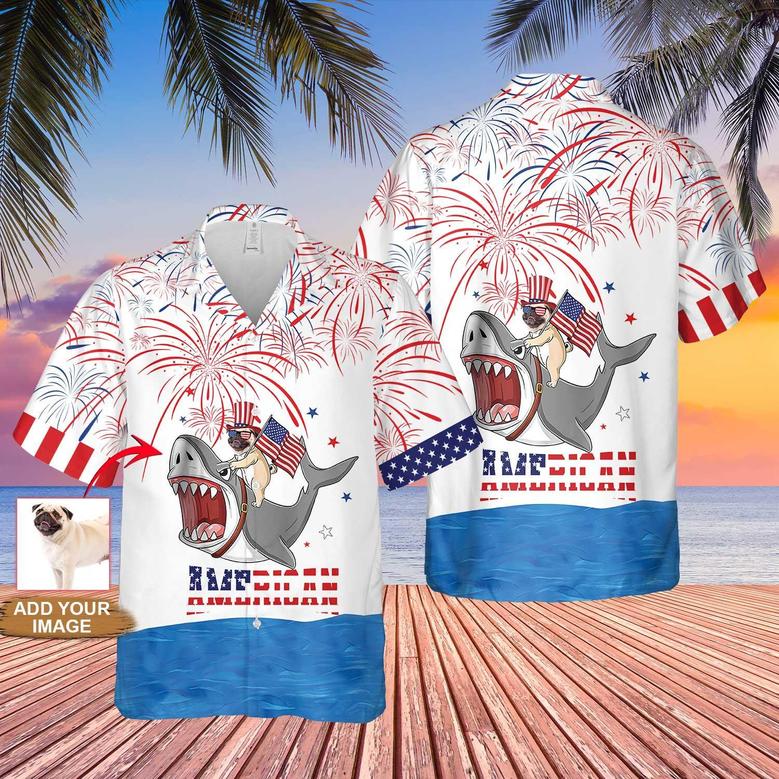 Pug Hawaiian Shirt Custom Photo For 4th Of July , Puppy Riding Shark With American Flag Firework Personalized Hawaiian Shirt - Gift for Independence Day