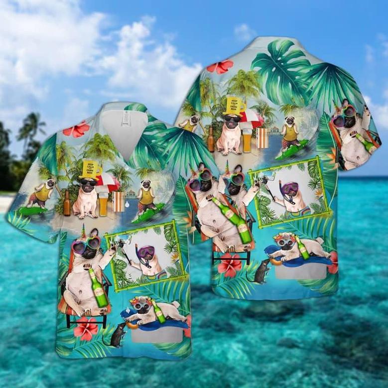 Pug Hawaiian Shirt, Cute Pug, Pug Surfing On Beach Hawaiian Shirt For Men - Perfect Gift For Pug Lovers, Husband, Boyfriend, Friend, Family