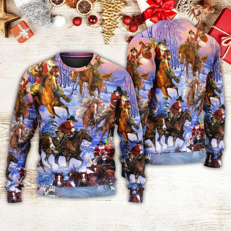 Santa And Horse Ho Everywhere Merry Xmas Ugly Christmas Sweaters