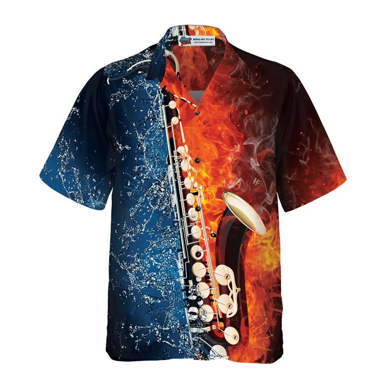Saxophone Hawaiian Shirt, Saxophone With Water And Flame Hawaiian Shirt For Men Women, Gift For Friend, Family, Saxophone Music Lovers