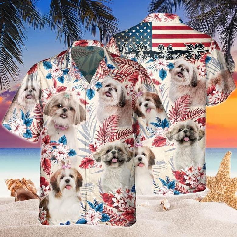 Shih Tzu Aloha Hawaiian Shirts For Summer, Dog Tropical Independence Day USA Flag Hawaiian Shirt For Men Women, 4th of July Gift For Dog Lovers