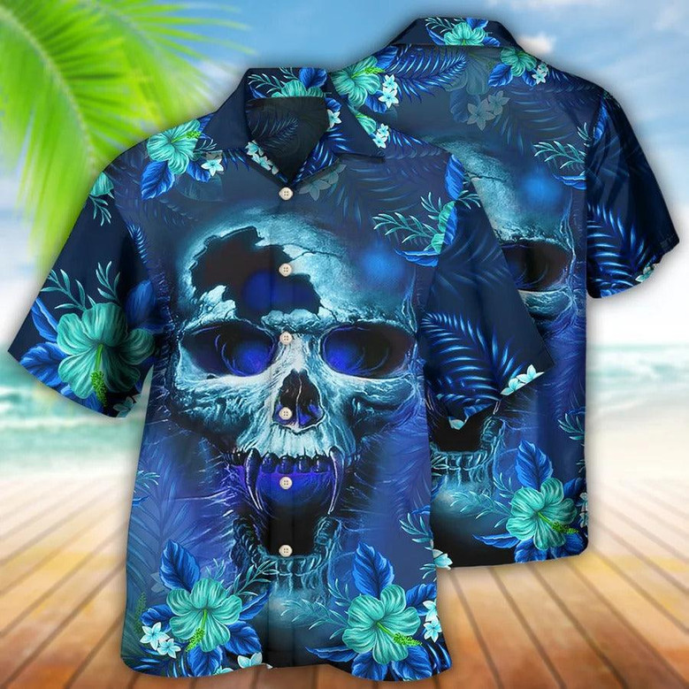 LA Leela Men's Hawaiian Shirt - Skull & Pirate Design, Denim Faded Print, Relaxed Fit (Size L) - View #13