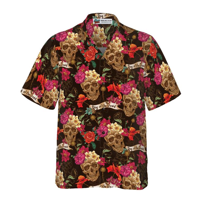 Skull Hawaiian Shirt, Skull And Flowers Day Of Dead Hawaiian Shirt, Colorful Summer Aloha Shirt For Men Women, Gift For Friend, Family, Husband, Wife