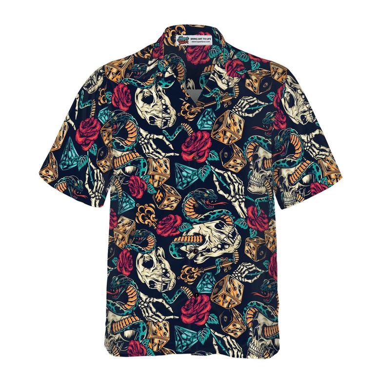 Skull Hawaiian Shirt, Skull With Blue Snakes And Red Roses Hawaiian Shirt, Colorful Summer Aloha Shirt For Men Women, Gift For Friend, Family, Husband, Wife