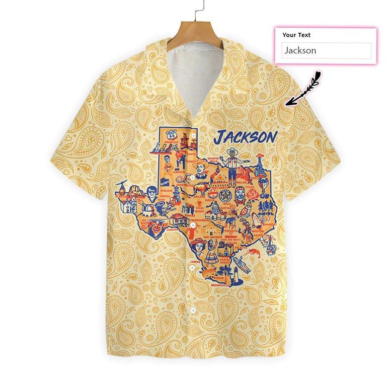 State Of Texas Famous Landmarks Map Hawaiian Shirt Custom, Cream Paisley Pattern Texas Hawaiian Shirt Perfect Gift For Husband, Wife, Friend, Family