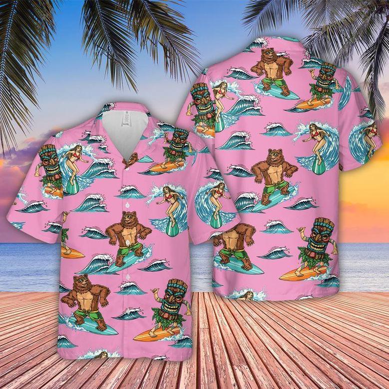 Surfing Bear Aloha Hawaiian Shirts For Summer - Pink Tiki Party Hawaiian Set Outfits For Men Women - Gift For Surfing Bear Lovers, Friend, Family