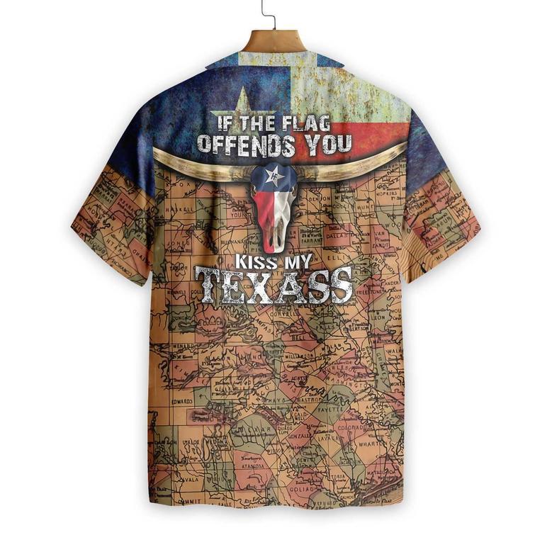 Texas Flag And Map Pattern Aloha Hawaiian Shirt For Summer, If The Flag Offends You Kiss My Texass, Texas Longhorns Hawaiian Shirt For Men Women