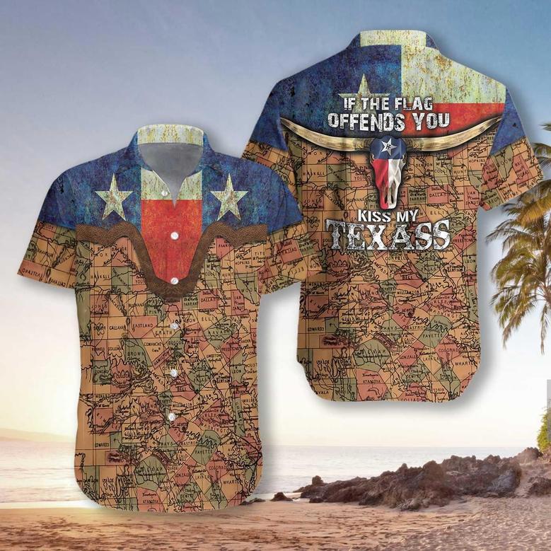 Texas Flag And Map Pattern Aloha Hawaiian Shirt For Summer, If The Flag Offends You Kiss My Texass, Texas Longhorns Hawaiian Shirt For Men Women