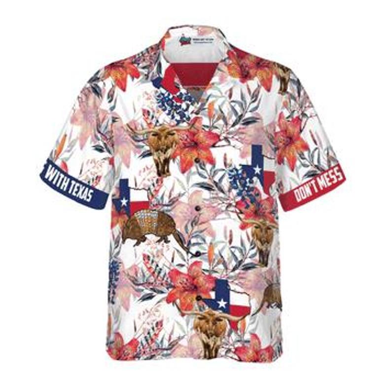 Texas Longhorn Bluebonnet And Armadillo Hawaiian Shirt, Button Down Floral Texas Flag, Proud Texas, Colorful Summer Aloha Shirt For Men Women