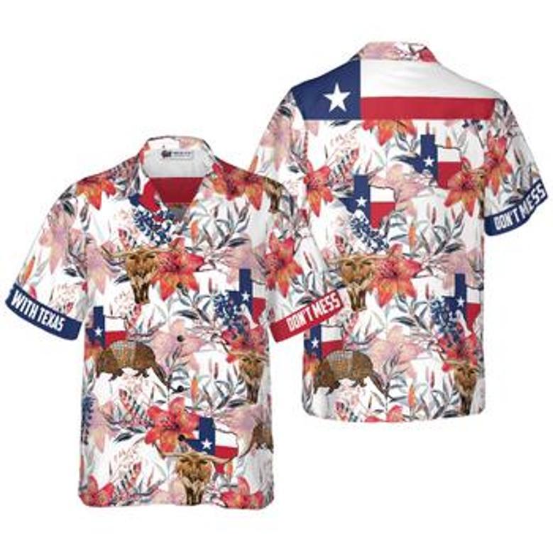 Texas Longhorn Bluebonnet And Armadillo Hawaiian Shirt, Button Down Floral Texas Flag, Proud Texas, Colorful Summer Aloha Shirt For Men Women