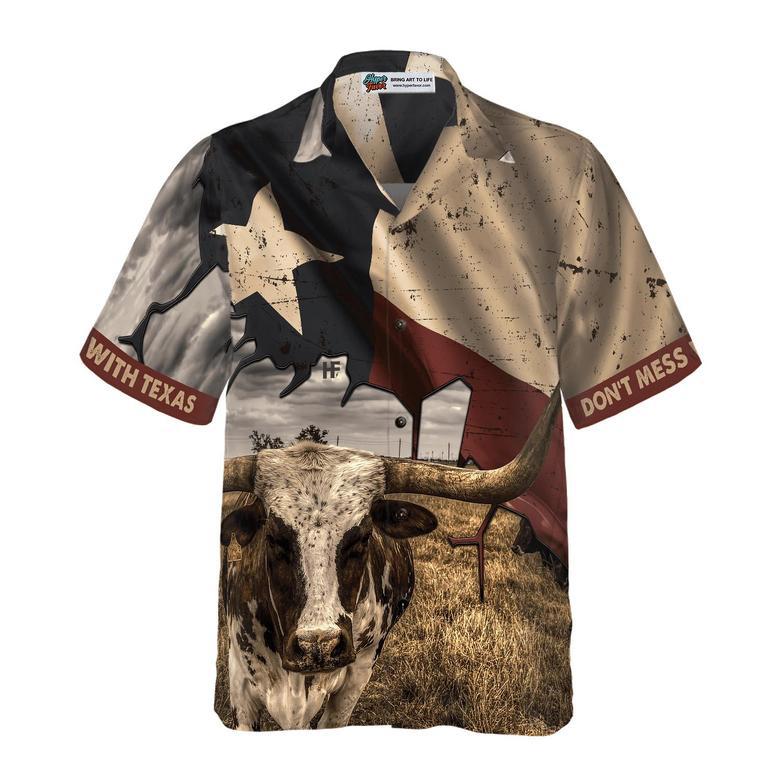 Texas State Map Pattern Texas Flag Hawaiian Shirt, Don't Mess With Texas Longhorns, Summer Aloha Shirt Perfect Gift For Men Women