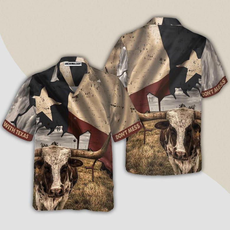 Texas State Map Pattern Texas Flag Hawaiian Shirt, Don't Mess With Texas Longhorns, Summer Aloha Shirt Perfect Gift For Men Women