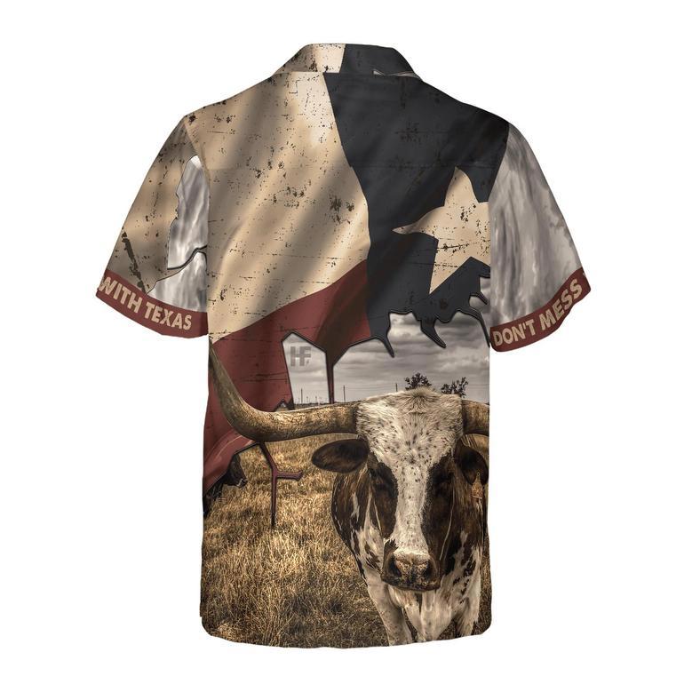 Texas State Map Pattern Texas Flag Hawaiian Shirt, Don't Mess With Texas Longhorns, Summer Aloha Shirt Perfect Gift For Men Women