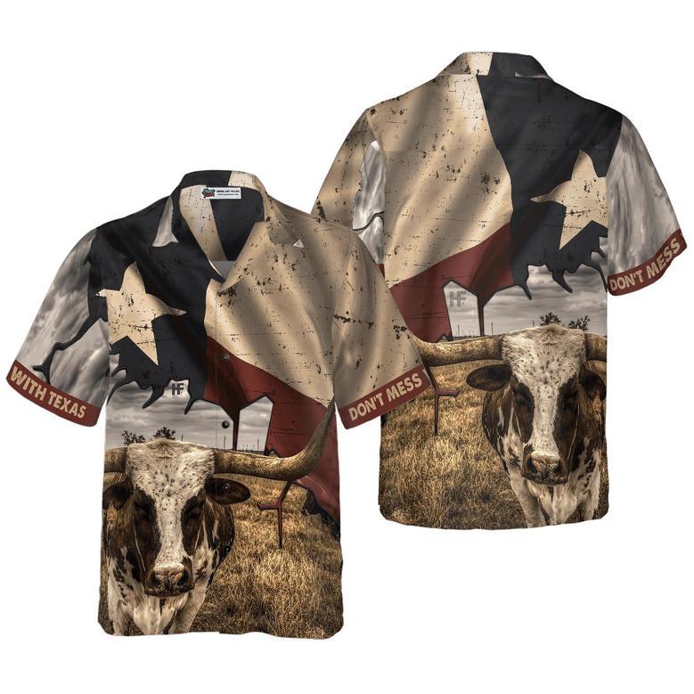 Texas State Map Pattern Texas Flag Hawaiian Shirt, Don't Mess With Texas Longhorns, Summer Aloha Shirt Perfect Gift For Men Women