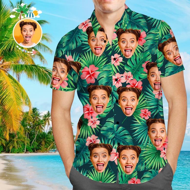 Tropical Summer Custom Face Aloha Hawaiian Shirts With Dog Humans Face, Tropical Flowers Custom Dog Humans Face Aloha Hawaiian Shirts For Men Women