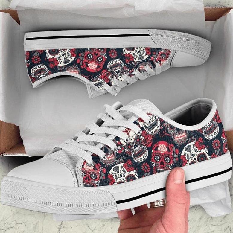 Day Of Dead Read And White Skulls Low Top Shoes