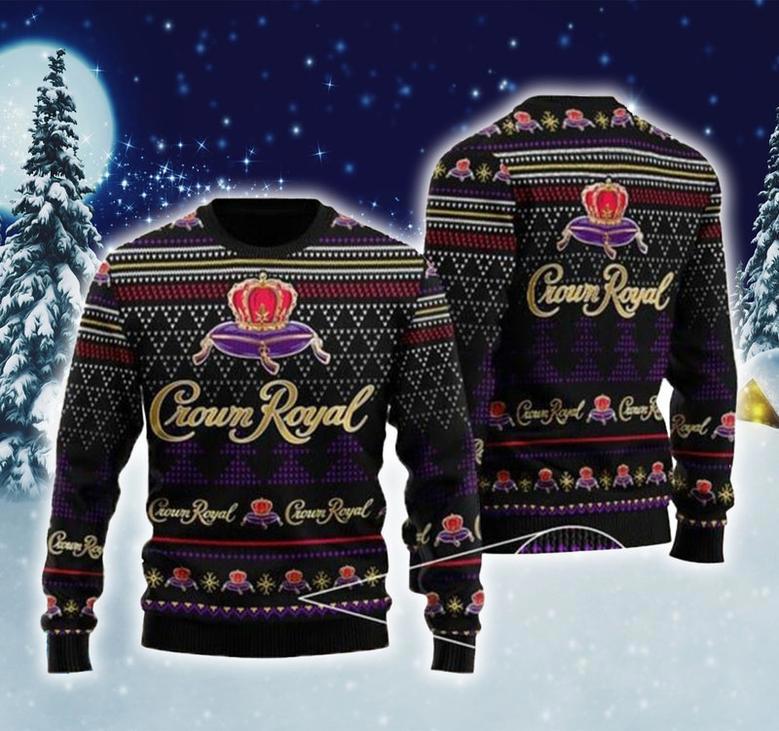 Black Crown Royal Ugly Christmas Sweater, Crown Royal Whisky Woolen Sweatshirt, Whisky Logo All Over Print Sweater