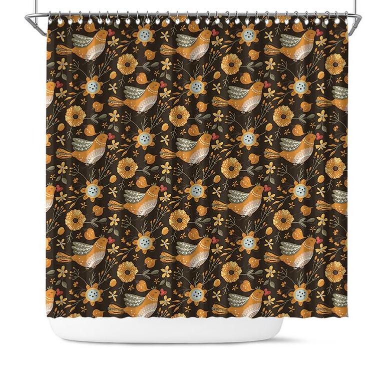 Boho Birds And Flowers Brown Color Shower Curtain