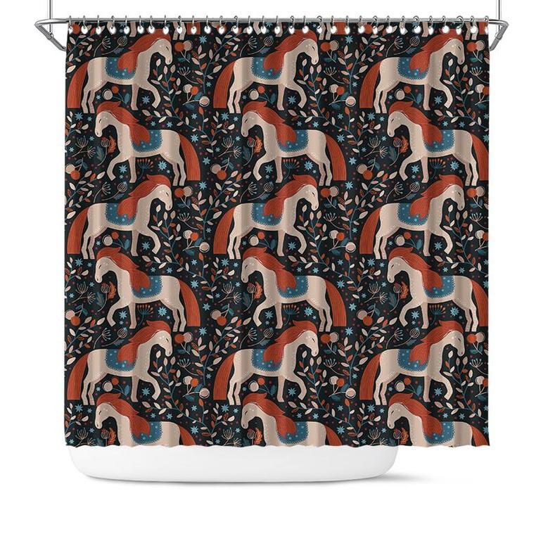 Boho Nordic Nights Dark Pattern Horses Flowers Shower Curtain