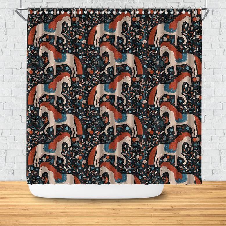 Boho Nordic Nights Dark Pattern Horses Flowers Shower Curtain