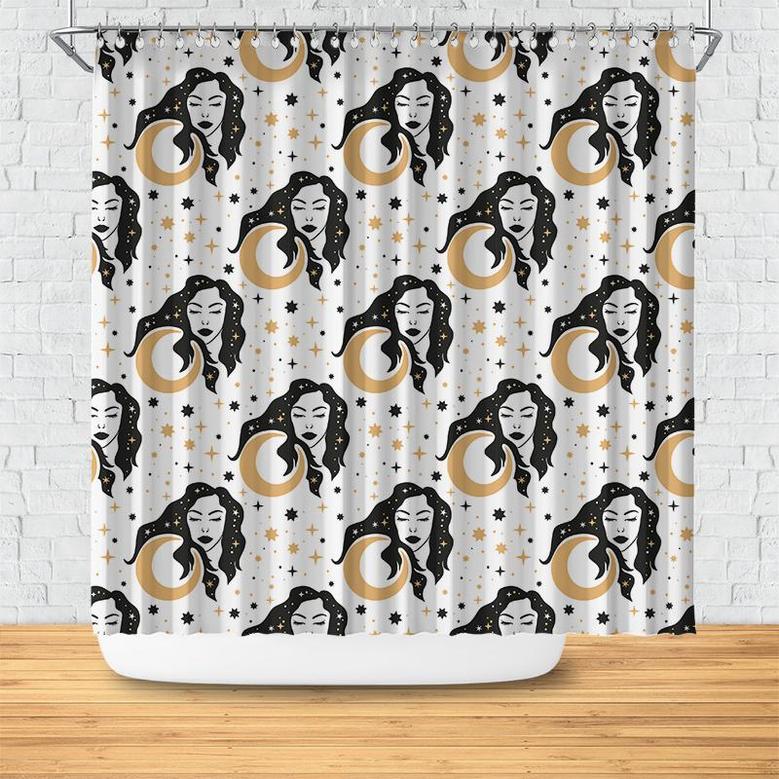 Boho Womans Face With Moon Night Celestial Glittering Shower Curtain