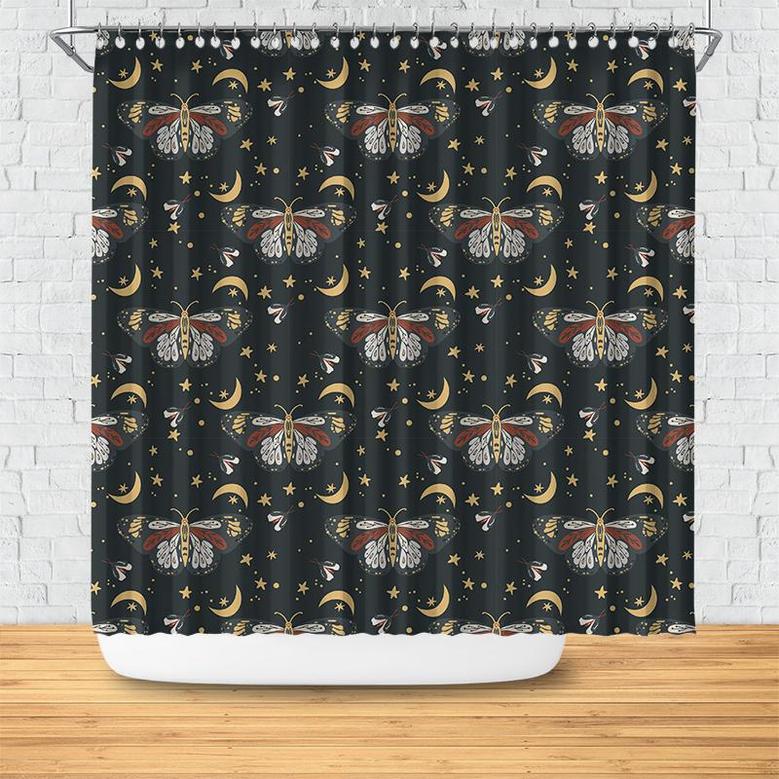 Celestial Night Moon Star And Butterfly Boho Shower Curtain