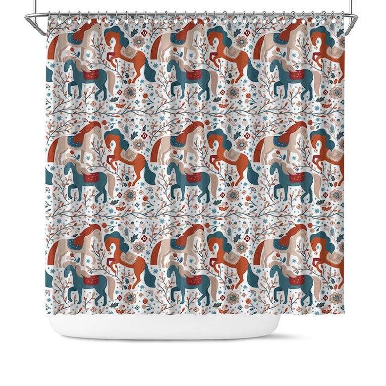 Colorful Three Horses Flowers Pattern Nordic White Bath Shower Curtain