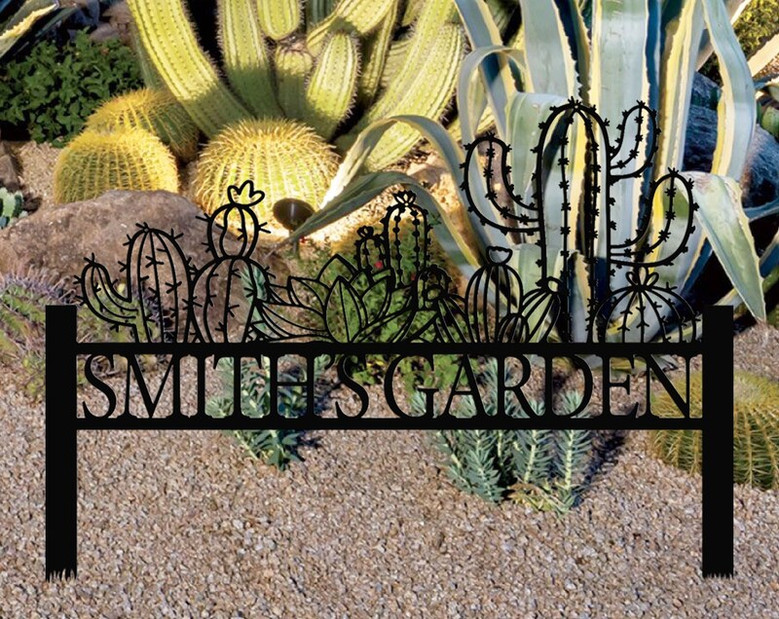 Custom Cactus Metal Garden Sign, Garden Decoration Metal Sign with Stakes, Personalized Gardener Name Sign