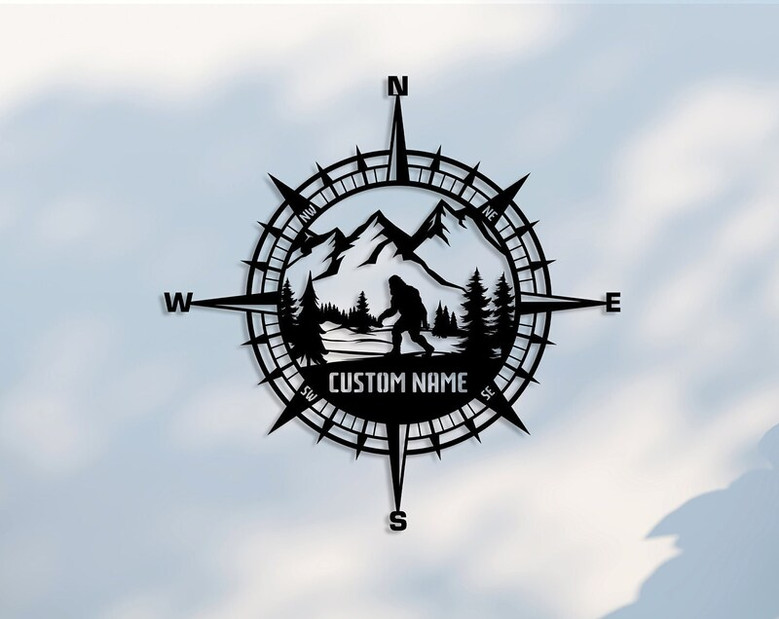 Custom Metal Bigfoot with Compass, Personalized Name Sign, Adventure Lovers Gift, Sasquatch Wall Decor