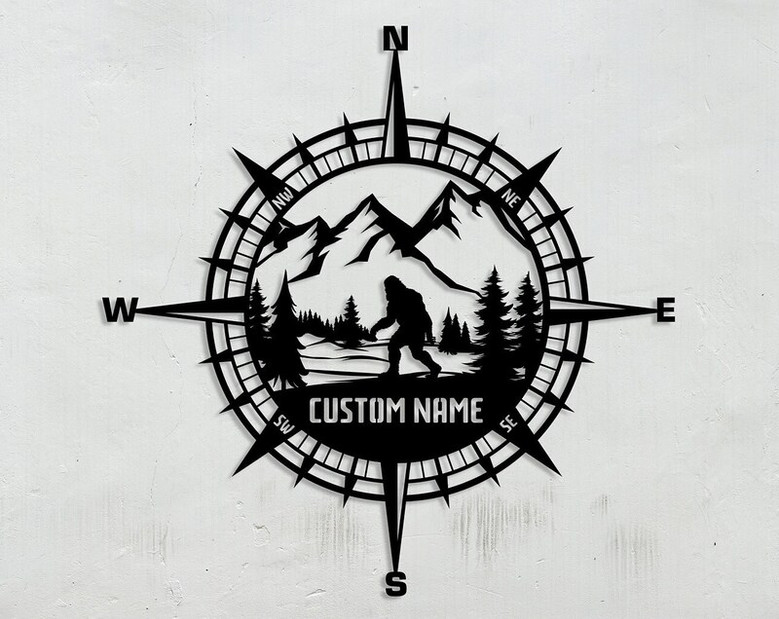 Custom Metal Bigfoot with Compass, Personalized Name Sign, Adventure Lovers Gift, Sasquatch Wall Decor