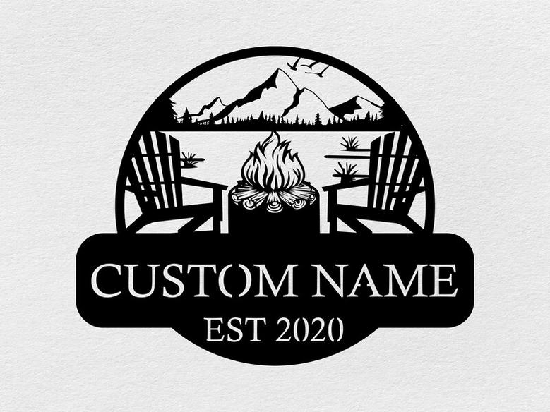 Custom Metal Campfire Sign, Lake Scene Campsite Monogram Decor, Lake House Sign, Personalized Camp Name Sign
