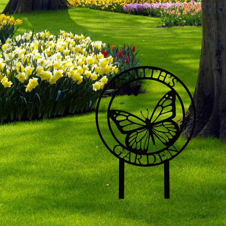 Custom Metal Garden Sign with Stakes, Metal Yard Art, Personalized Butterfly Home Garden Decor