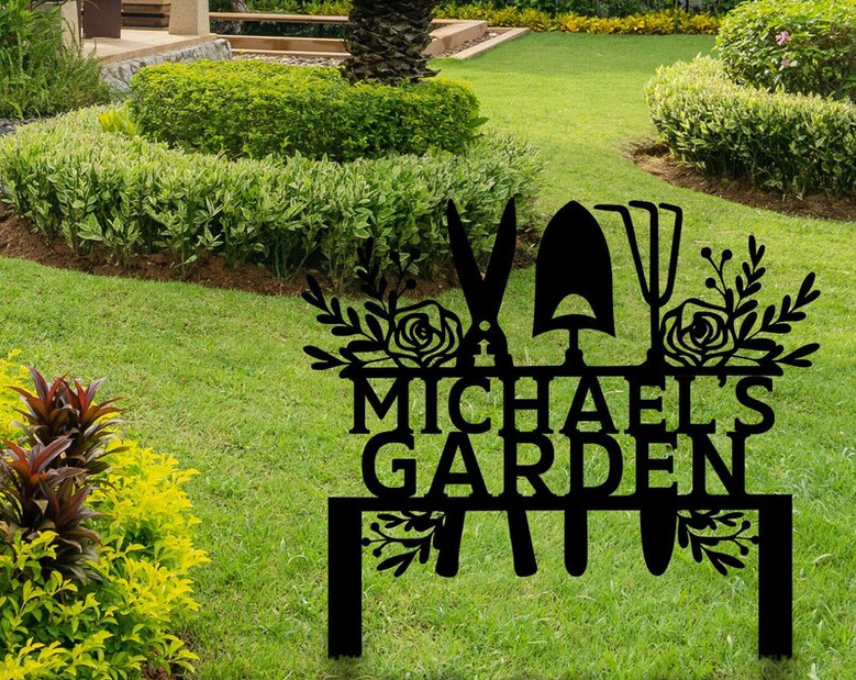 Custom Metal Garden Tools Sign with Stakes, Personalized Garden Name Sign, Yard Art