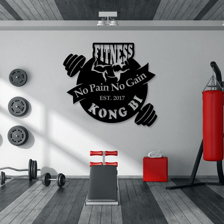 Custom Metal Name Sign, No Pain No Gain Sign, Custom Metal Gym Wall Sign, Personalized GYM Name Sign