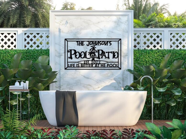 Custom Palm Tree Pool Sign Metal Wall Art, Personalized Pool & Patio Metal Sign, Outdoor Large Decor