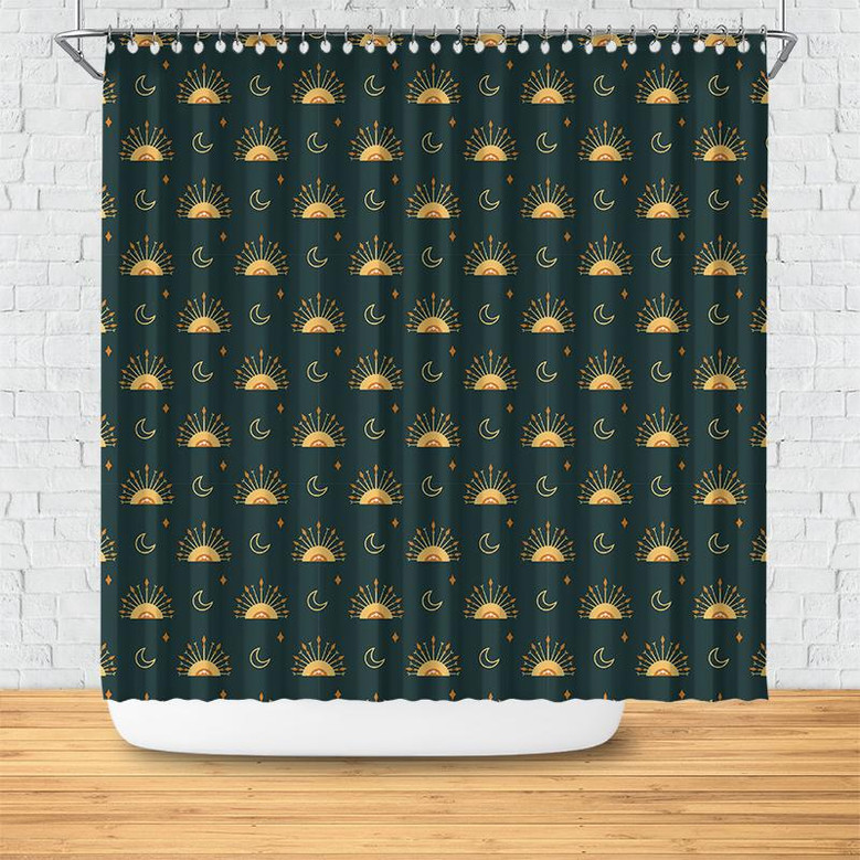 Cute Celestial Pattern On Green Backgroud Boho Tribal Decor Shower Curtain