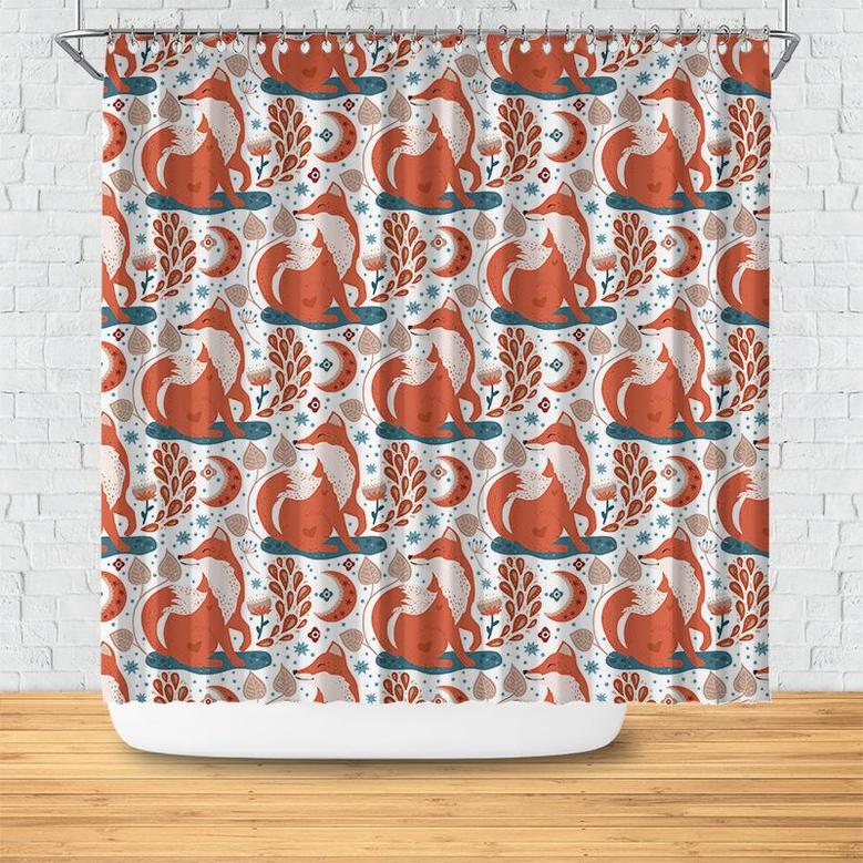Cute Fox And Moon Flowers Pattern Nordic Boho Shower Curtain