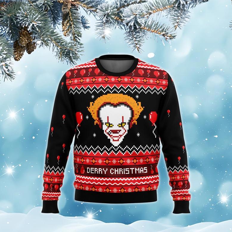 Derry Christmas IT Ugly Sweater, IT Movie Sweatshirt, Horror Movie Characters All Over Print Sweater