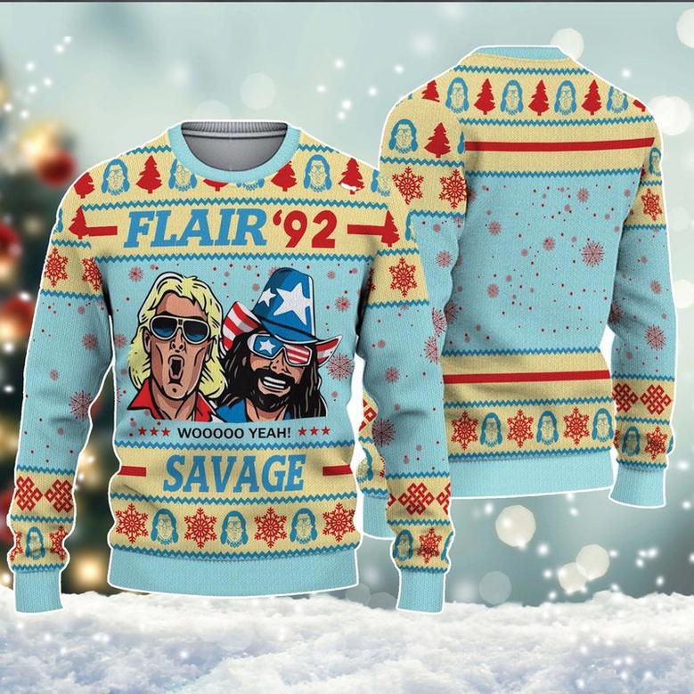 Flair 92 Savage Ugly Christmas Sweater, Ric Flair Woolen Sweatshirt, Savage All Over Print Sweater