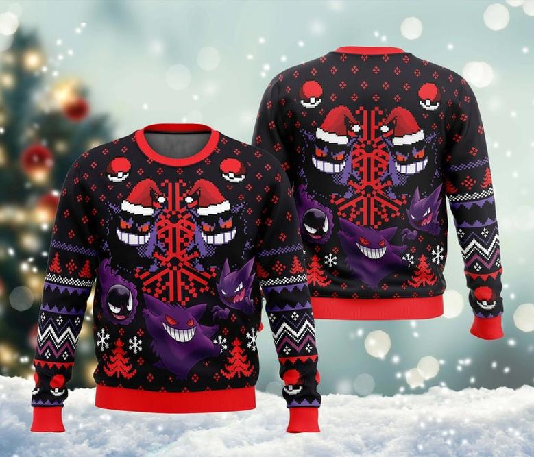 Ghosts Gen-gar Ghastly Poke-mon Ugly Christmas Sweater, Anime Cartoon Sweatshirt, Japanese Manga Allover Print Sweater