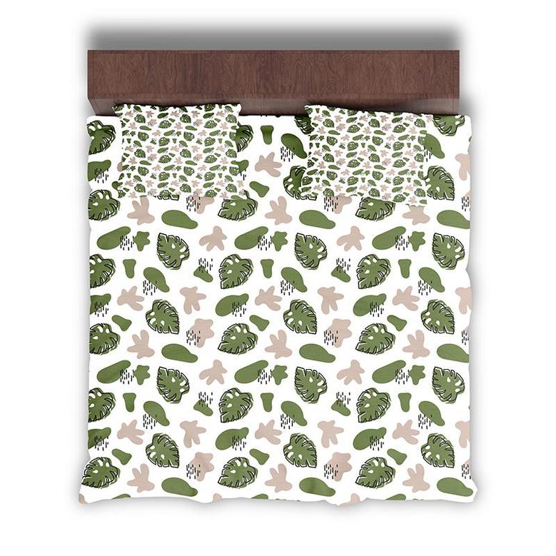 Green Leaf Beige Splatter Boho Abstract Color Pieces And Line 3 Pieces Bedding Set