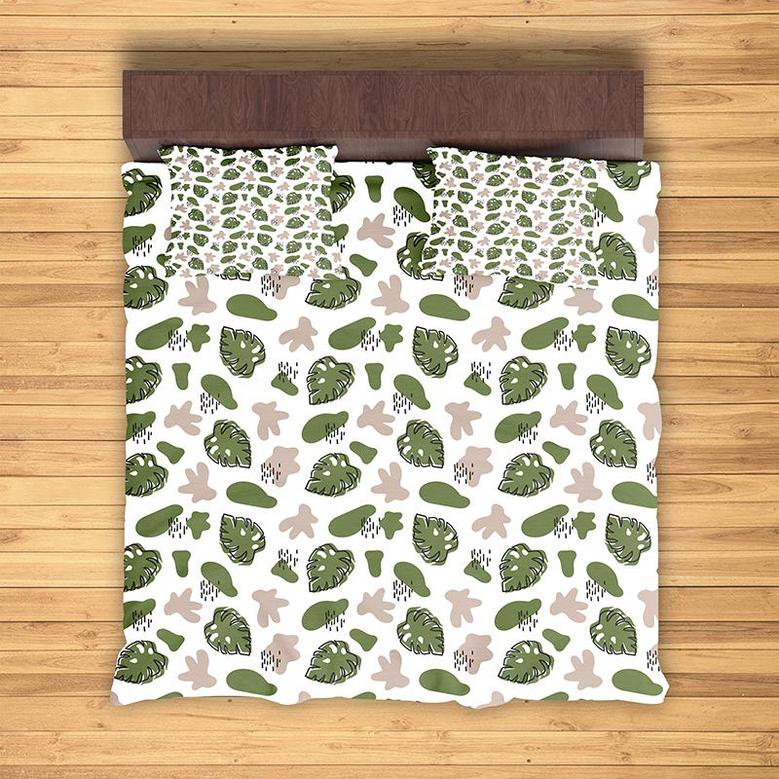 Green Leaf Beige Splatter Boho Abstract Color Pieces And Line 3 Pieces Bedding Set