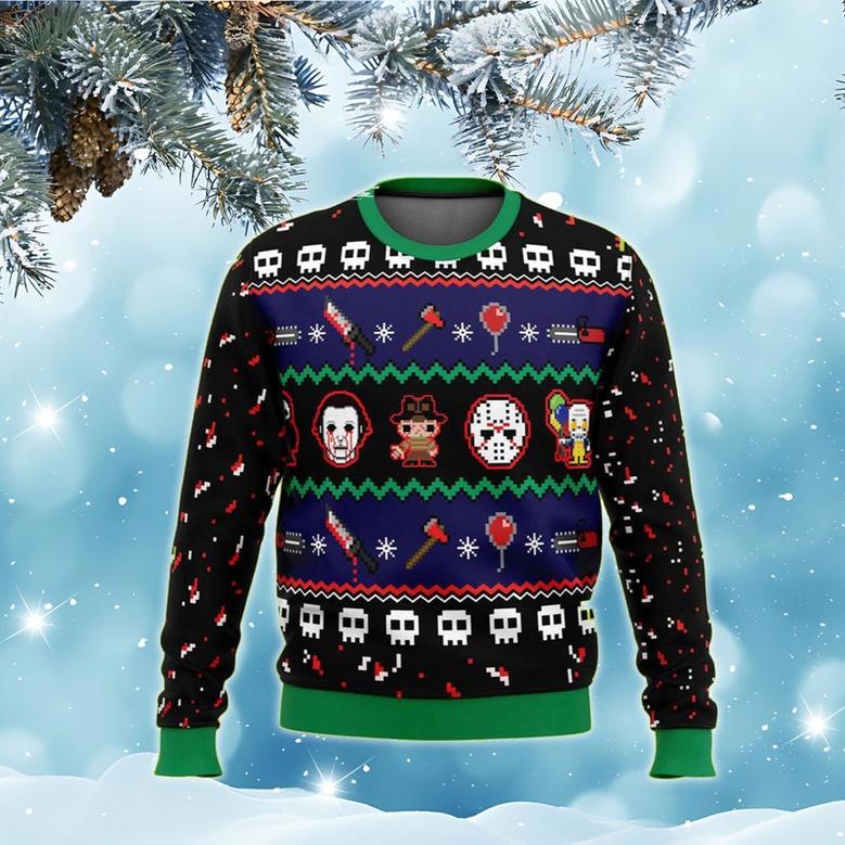 Halloween Happy Horrorday Christmas Ugly Sweater, Horror Characters Sweatshirt, Halloween Movie All Over Print Sweater